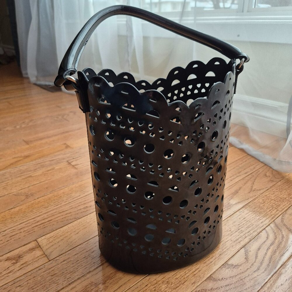 Neiman Marcus Black Scalloped Cutout Bucket Tote Beach Craft Bag